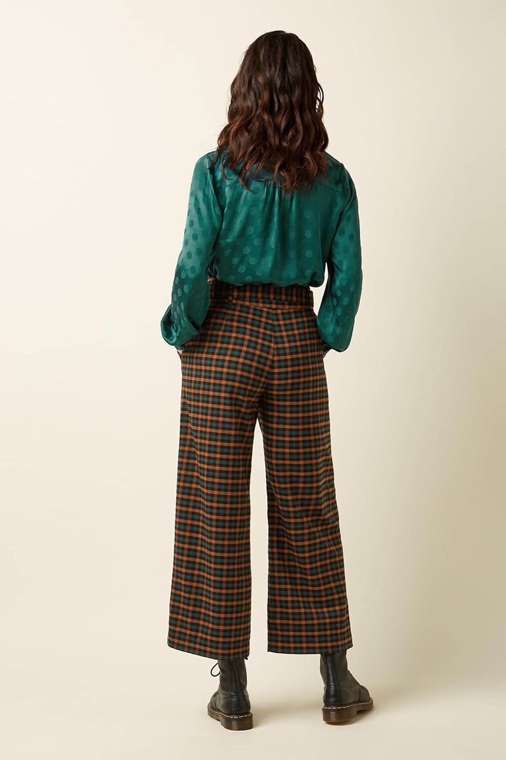 Detalle de King Louie Damen Hose AVA Pants Brook Check – Karomuster, Wide-Leg mit Bindegürtel