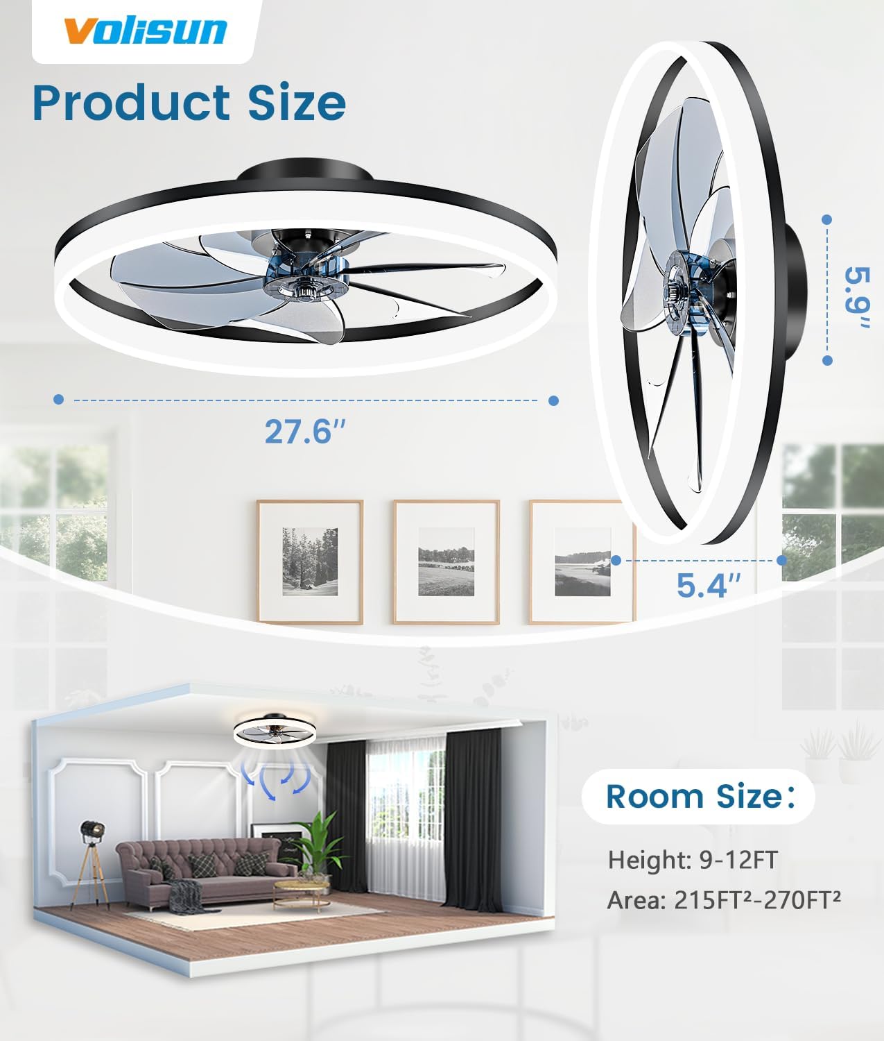 Detalle de VOLISUN 8225C-700 Low-Profile Bladeless Ceiling Fan with Light, 27.6-Inch