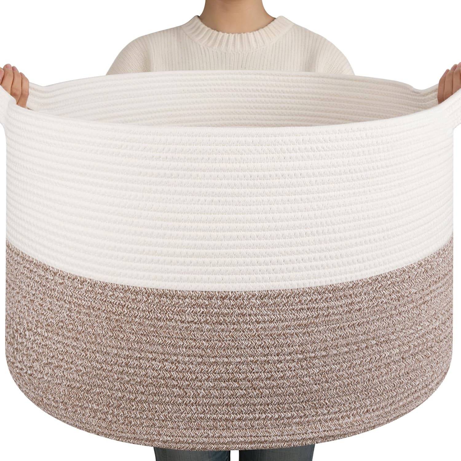 Detalle de OIAHOMY XXXLarge 90L Cotton Rope Storage Basket, White and Linen Brown
