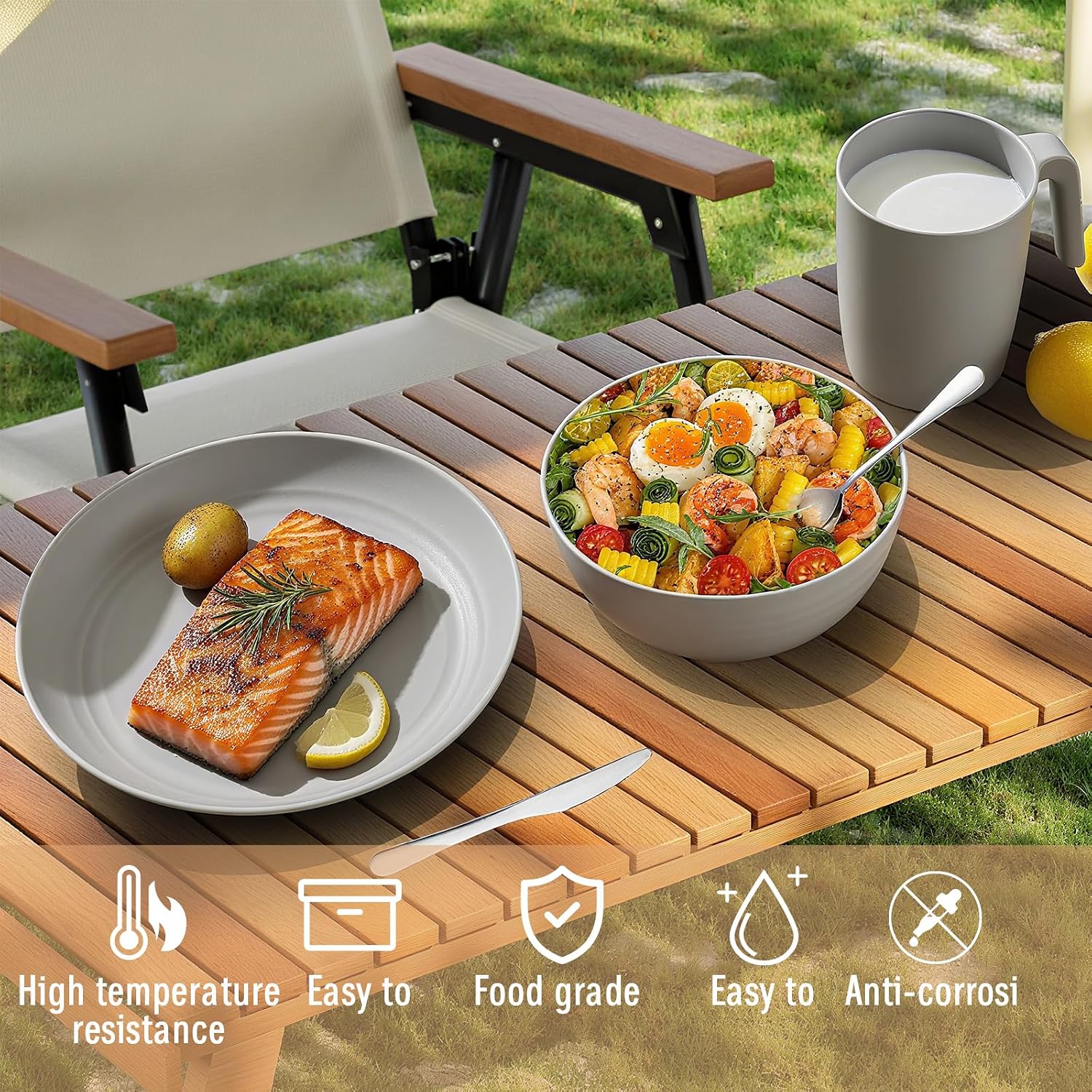 Detalle de Camping Plates and Bowls Set: Unbreakable, Portable Dinnerware for 1