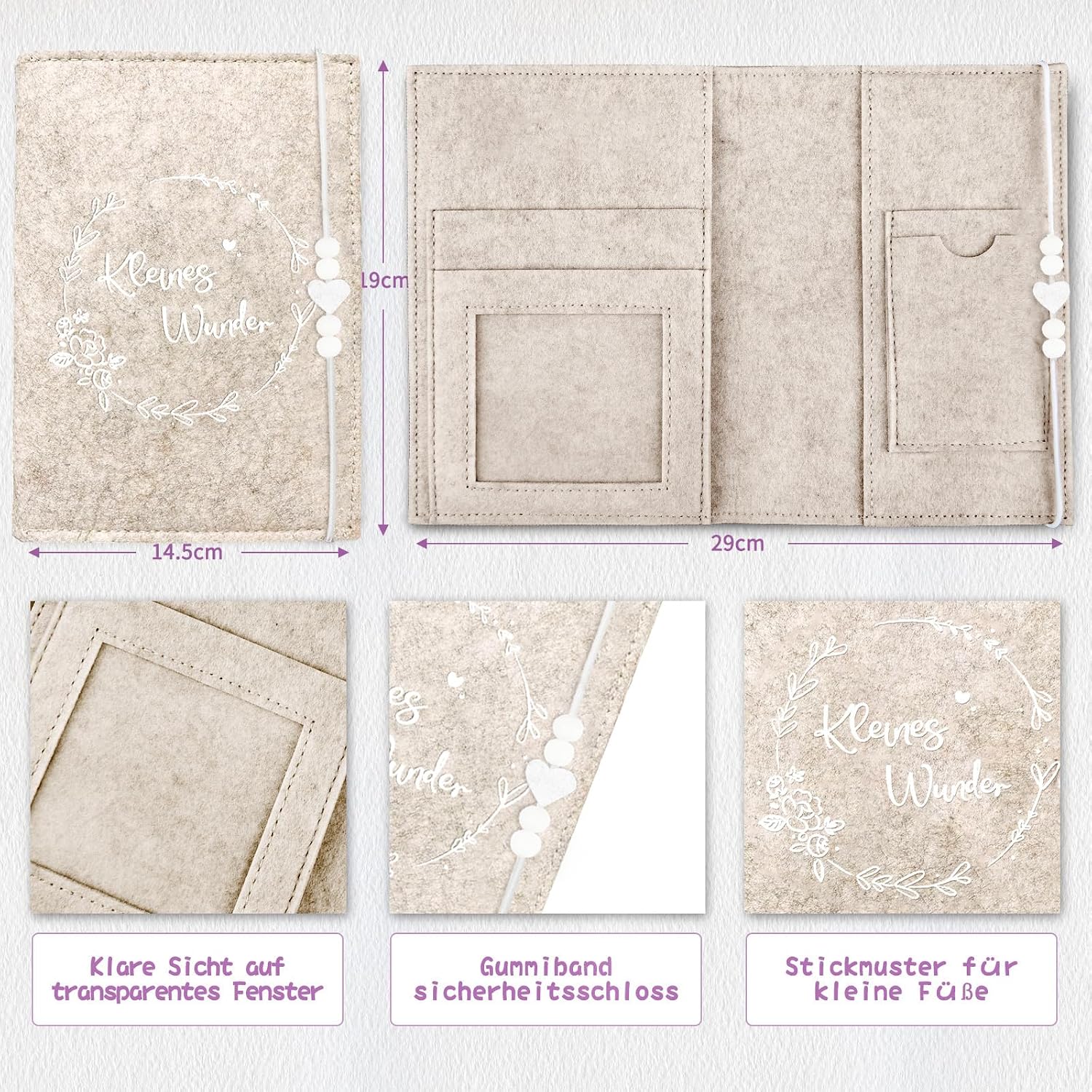 Detalle de Mutterpasshülle aus Filz für den Deutschen Mutterpass – Beige mit weißen Perlen & Herz