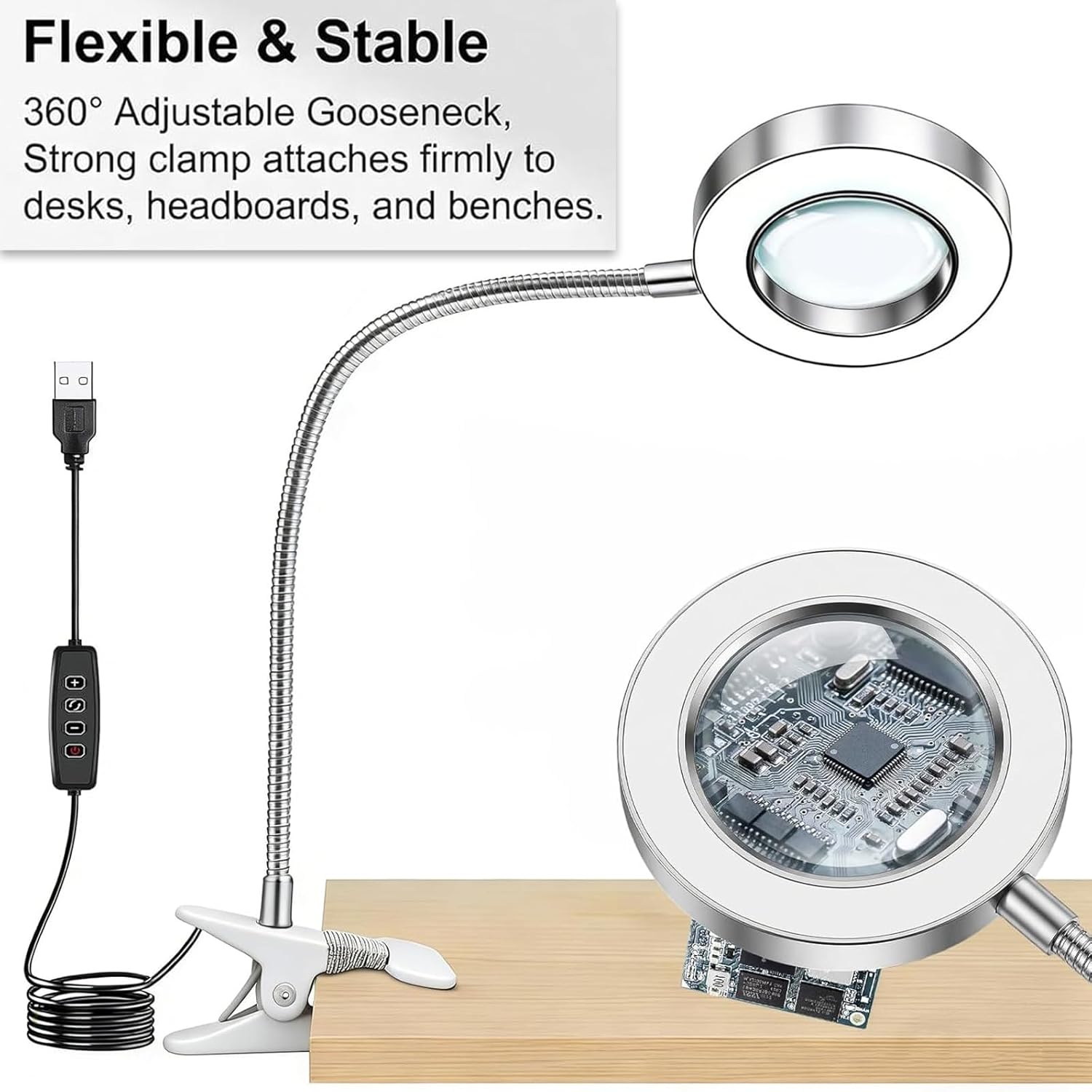 Detalle 2 de Magnifying Glass with Light and Stand, 10X Magnifiers Lamp with Clamp (Silver)