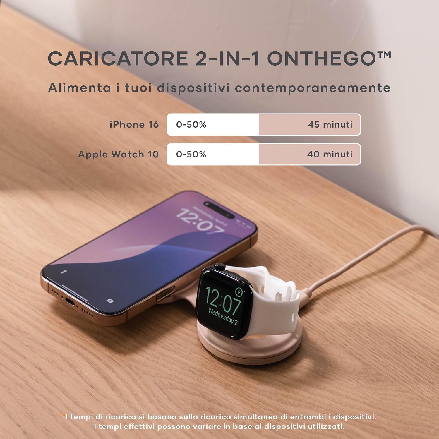 Detalle de SATECHI OntheGo 2-in-1 Caricatore Wireless Pieghevole: ricarica rapida Qi2 per iPhone e dispositivi Apple in viaggio