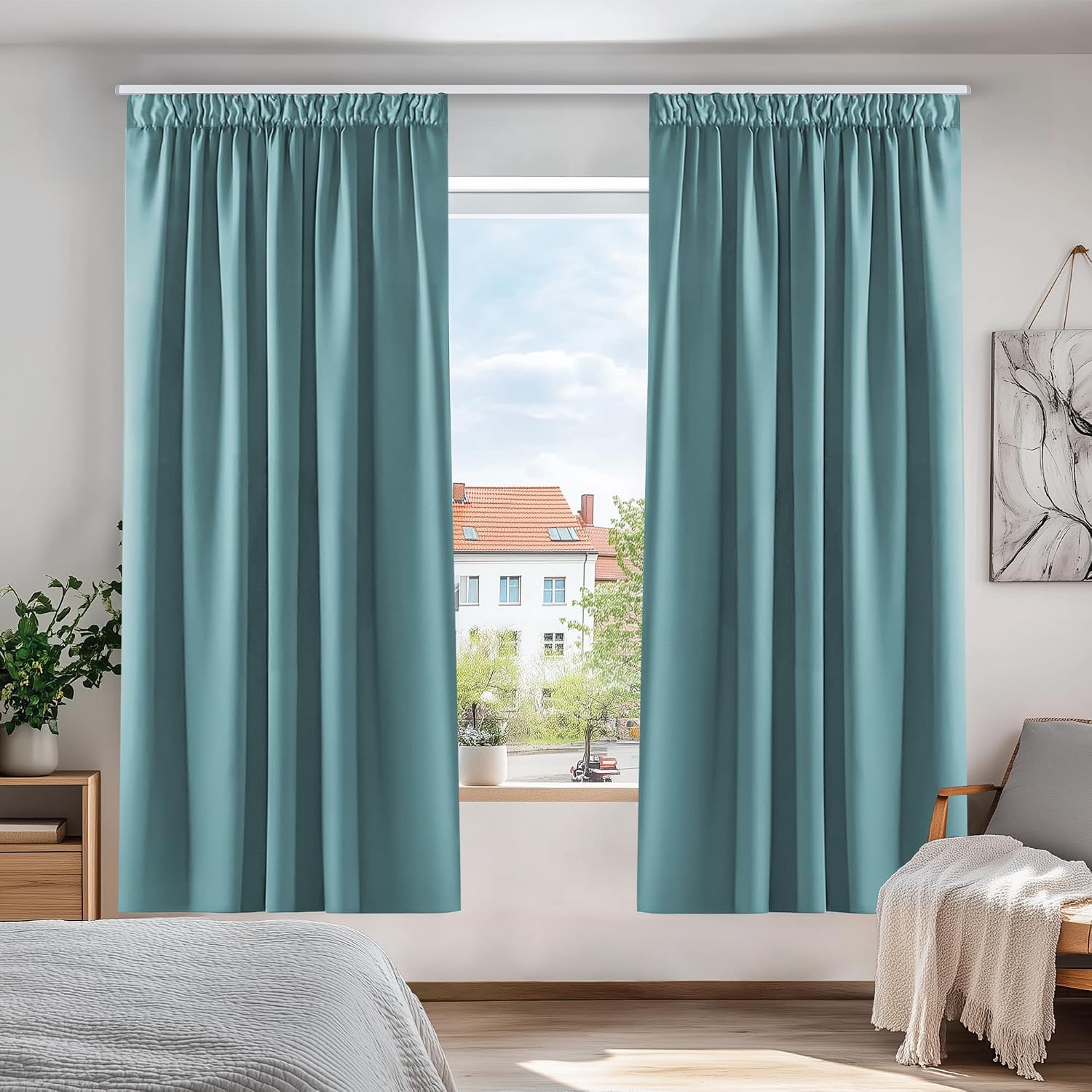 Detalle de Deconovo Verdunkelungsvorhang mit Kräuselband, 2er-Set (138×117 cm) – Himmelblau, 100% Polyester