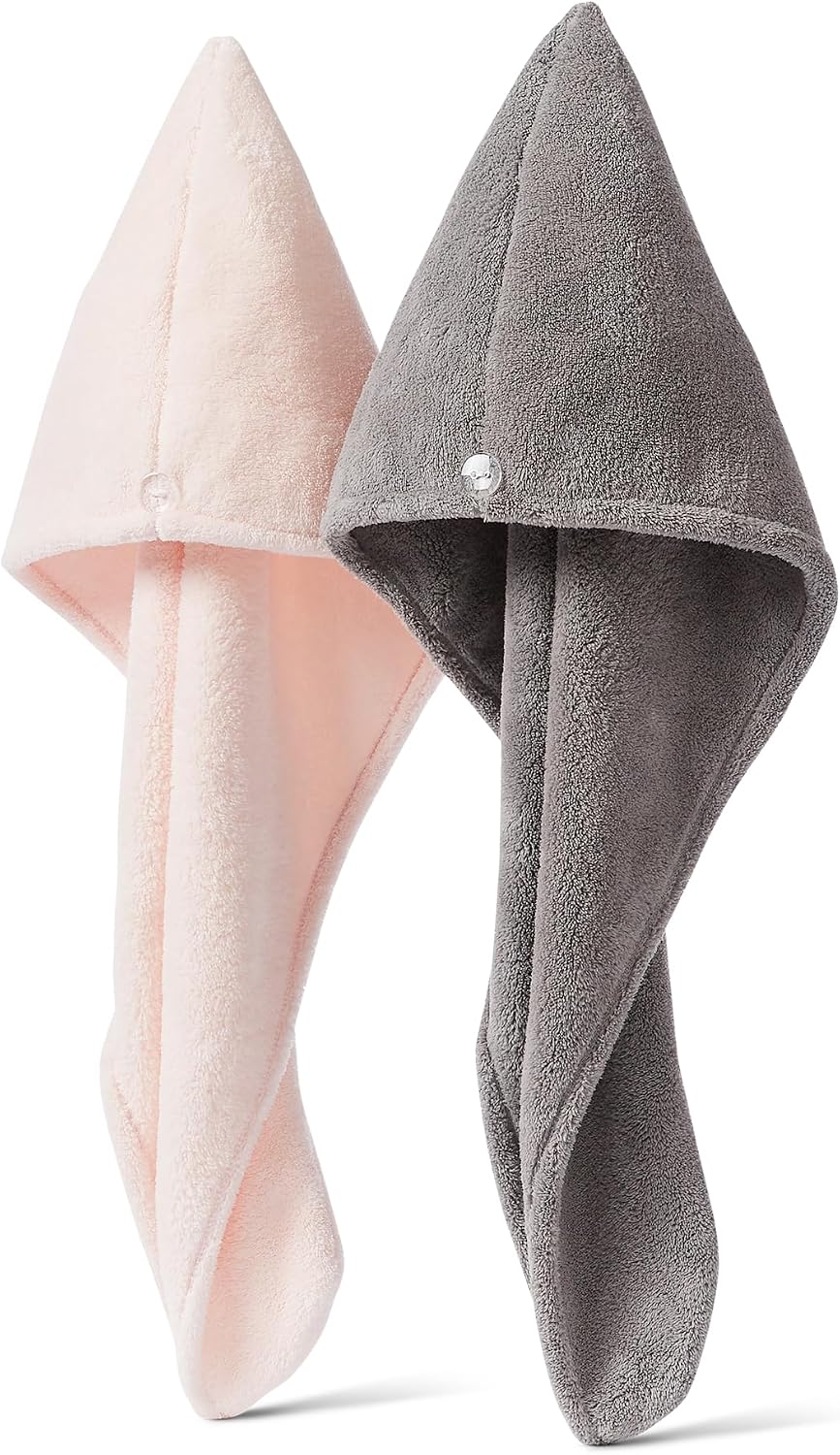 Detalle de Amazon Basics Cuffia Turbante per Capelli in Microfibra – 2 pz (Grigio/Rosa), asciugatura rapida