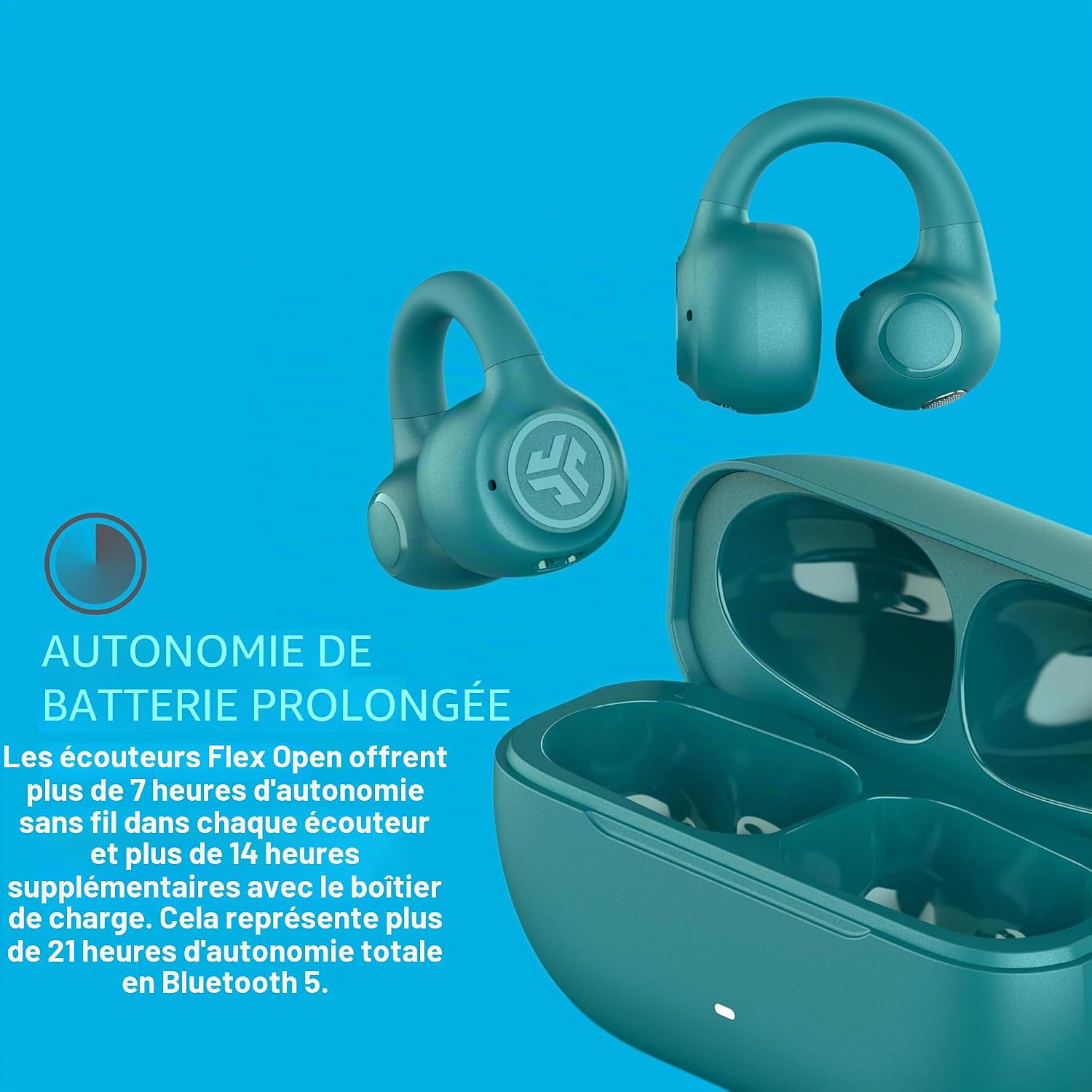 Detalle 2 de JLab Flex casque à oreille ouverte avec Bluetooth multipoint, autonomie annoncée jusqu’à 21 h et personnalisation via application (sarcelle)