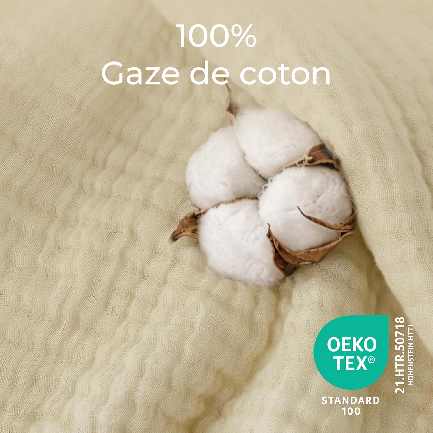 Thumbnail 1 de Dreamzie Couverture en mousseline 100% coton 4 couches 220x240 cm (beige) – légère, respirante, Oeko-Tex