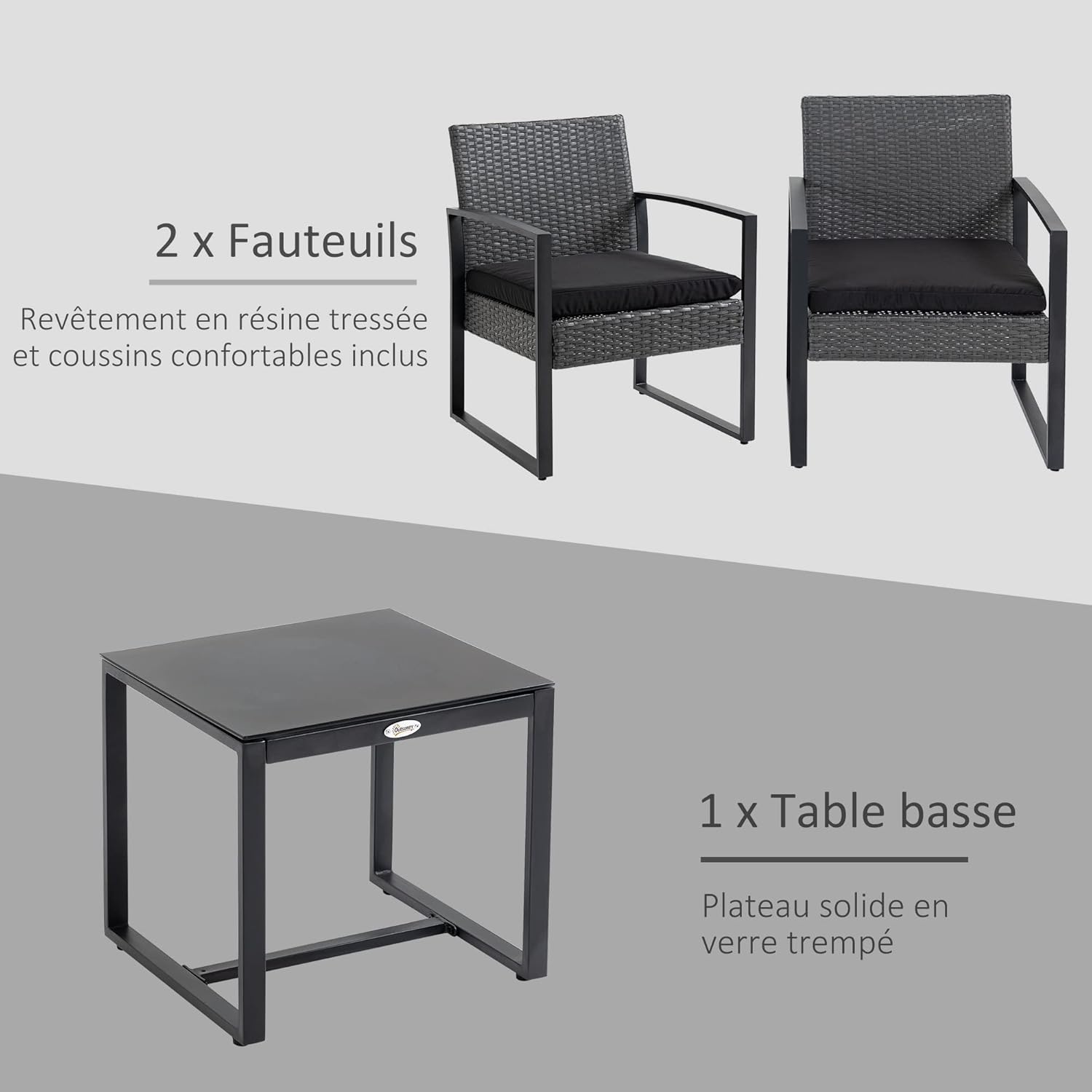 Thumbnail 3 de Outsunny Salon de Jardin 2 Places – Ensemble rotin PE avec Table Verre Trempé (gris)
