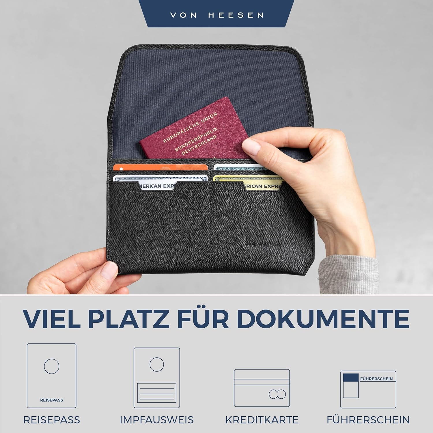 Detalle de VON HEESEN Leder-Reisepasshülle mit RFID-Schutz – Passport-Organizer aus Nappaleder (Saffiano Schwarz)
