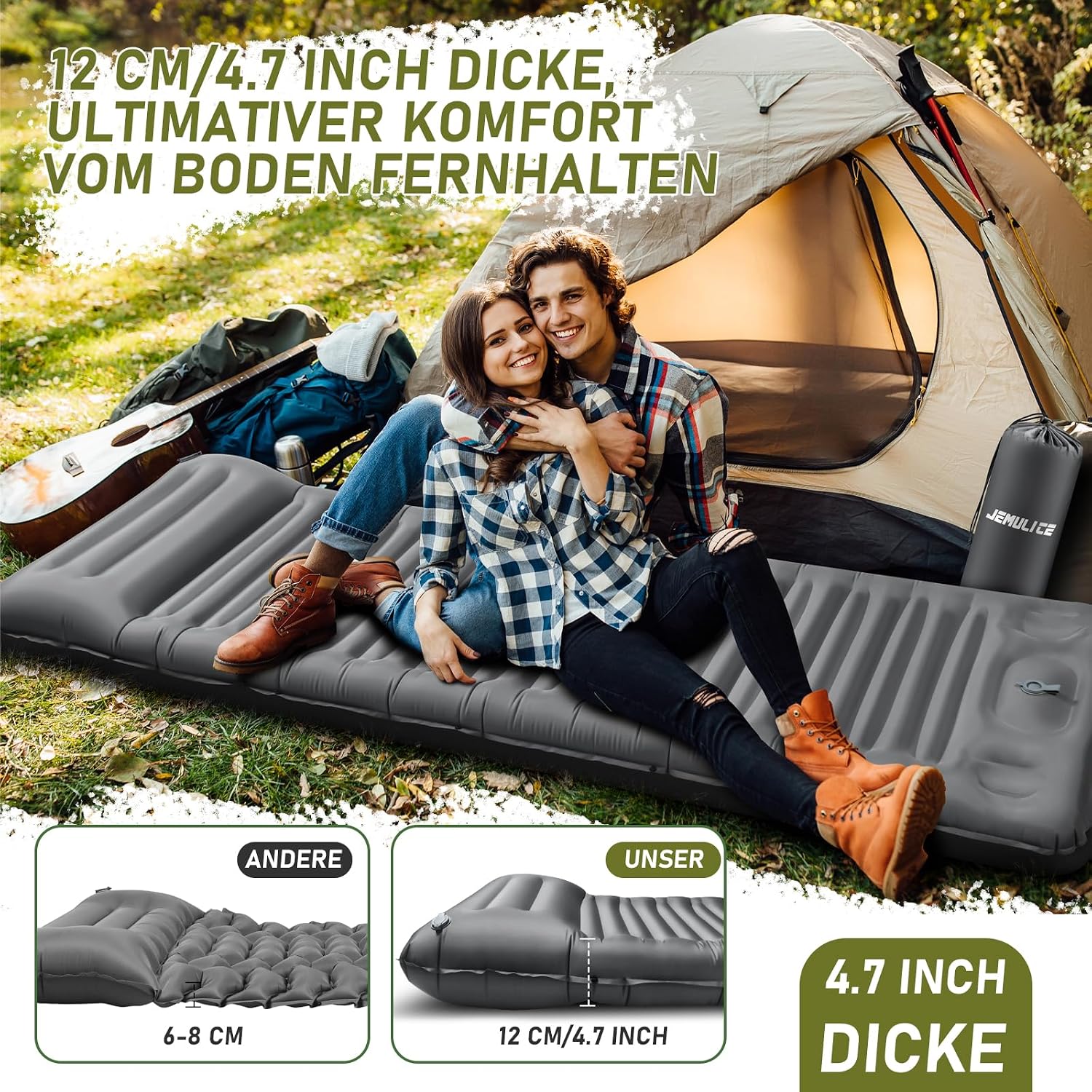 Thumbnail 6 de JEMULICE Isomatte Camping (200×68×12 cm) mit Fußpumpe – ultradicke, wasserdichte Schlafmatte fürs Zelt