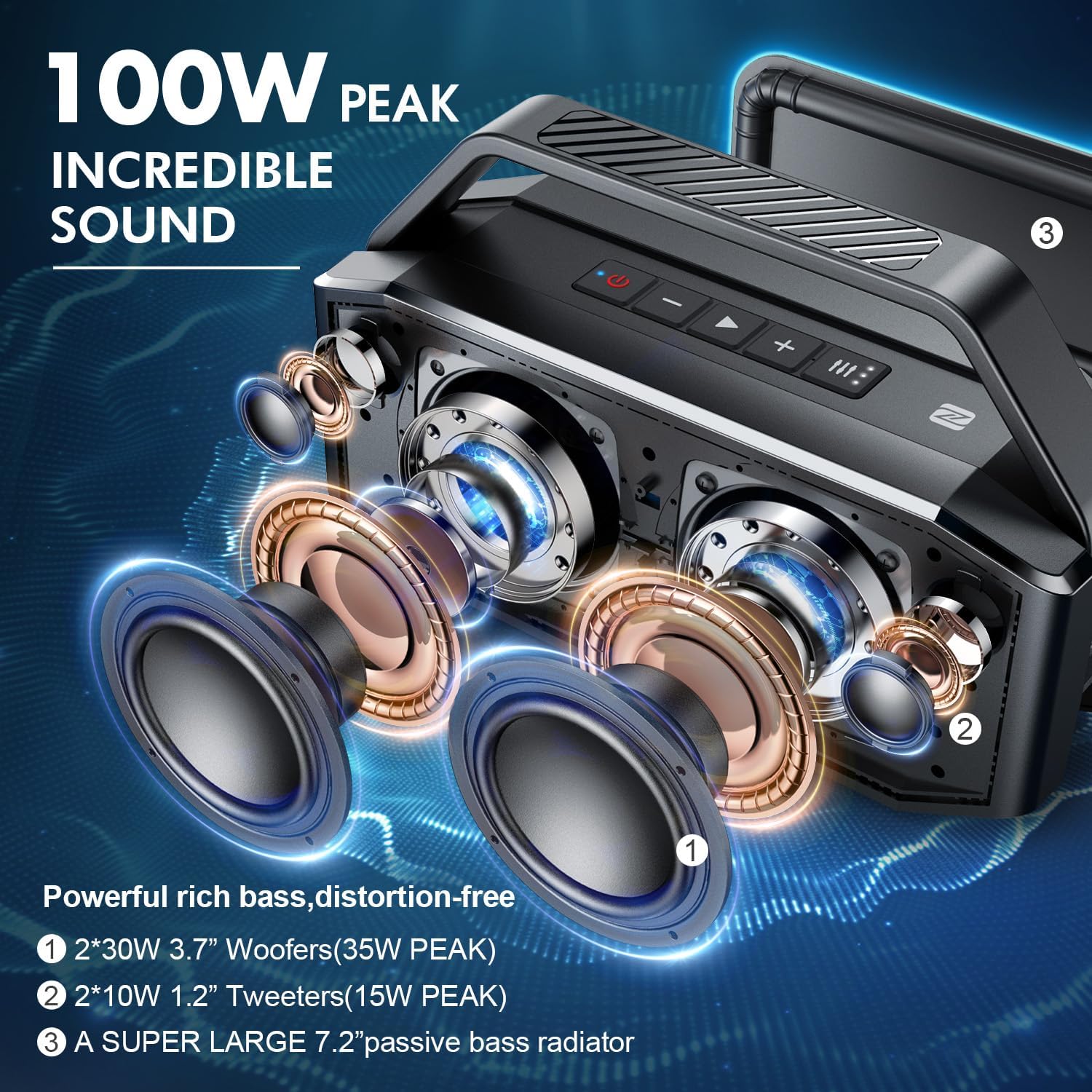 Thumbnail 1 de W-KING Loud Bluetooth Speaker (100W Max) with IPX6, 60W Deep Bass Radiator, Dual Subwoofers, Bluetooth 5.0, TF & AUX