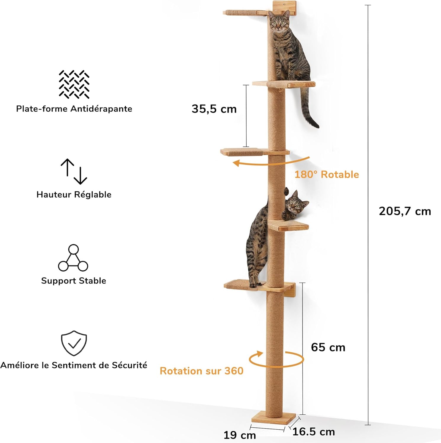 Thumbnail 2 de FUKUMARU Arbres à Chat mural Wall Jungle 205,7 cm : 5 étages, griffoir rotatif et plateformes pivotantes