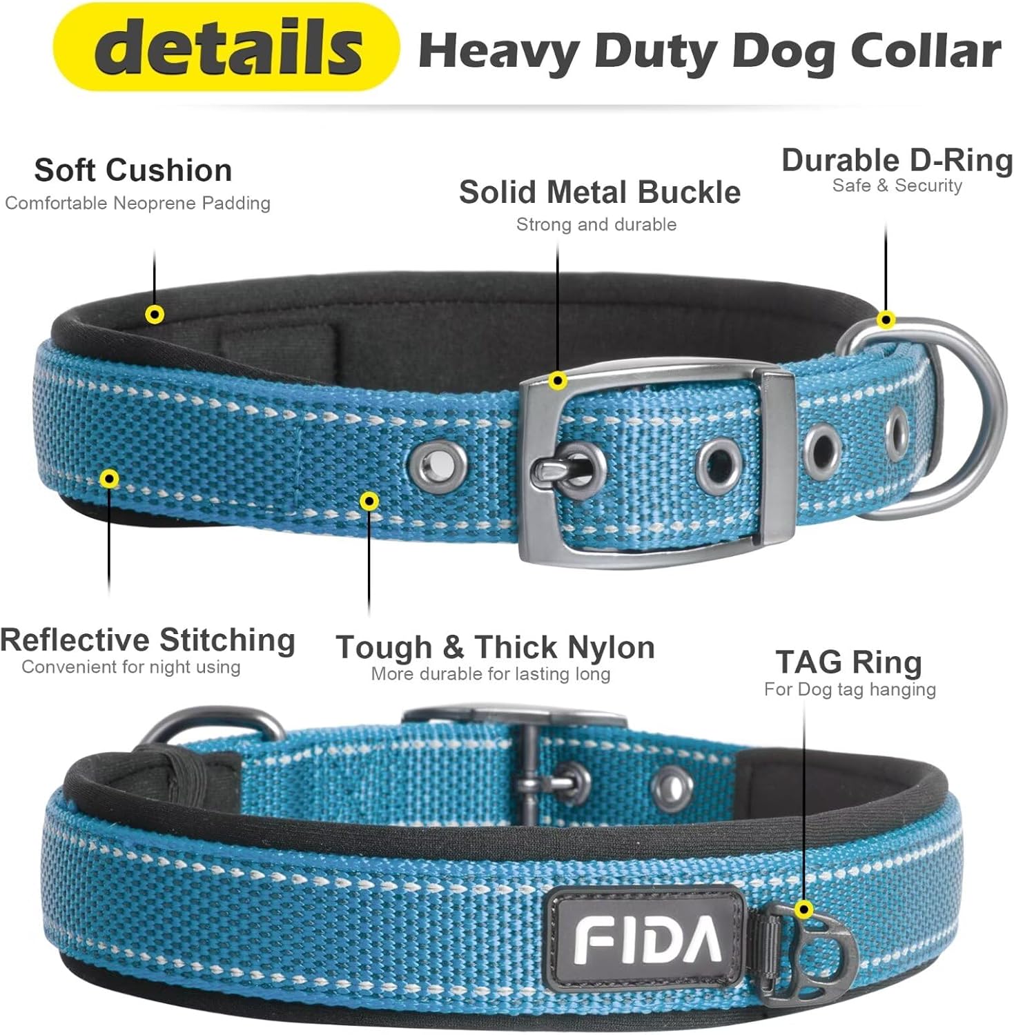 Detalle 2 de Fida Padded Dog Collar with Metal Belt Buckle – Heavy Duty Double-Layer Webbing (Blue)