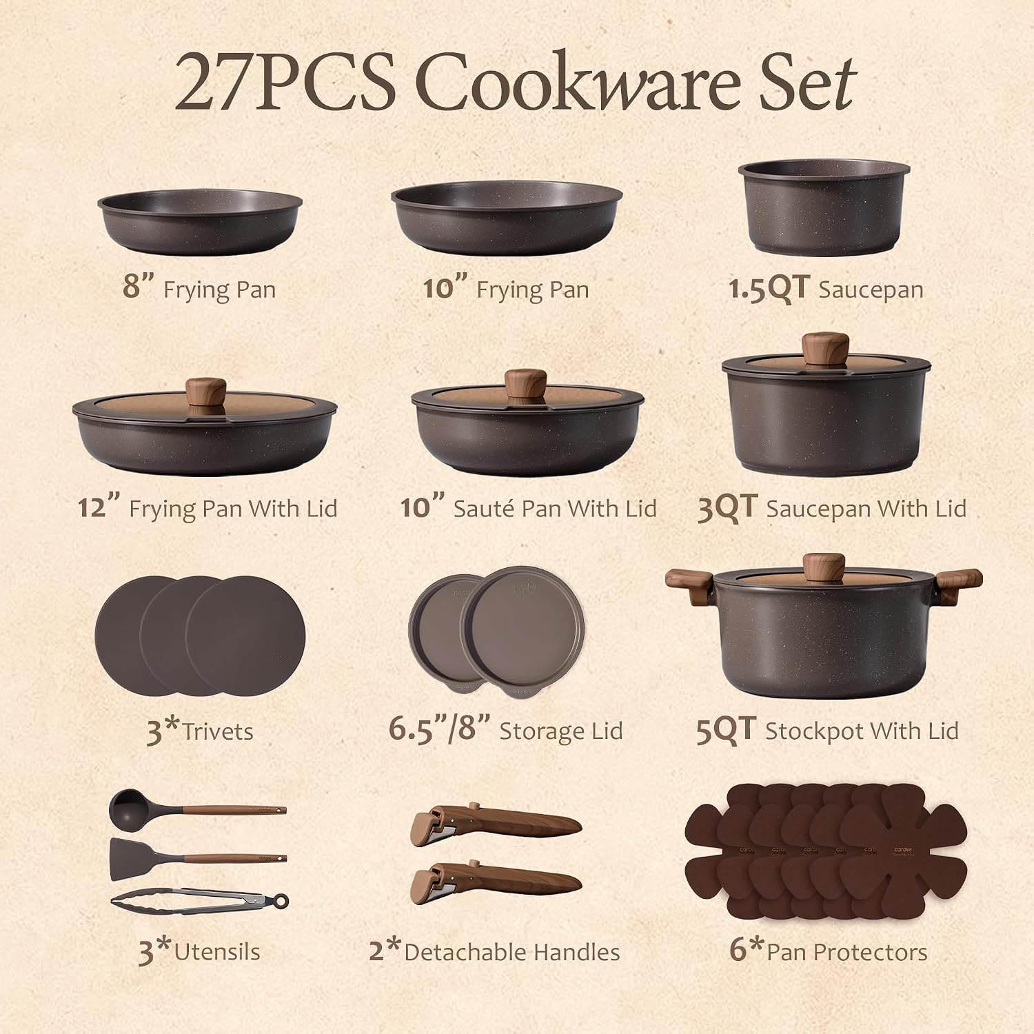 Thumbnail 1 de CAROTE A16338 27-Piece Nonstick Cookware Set with Detachable Handles