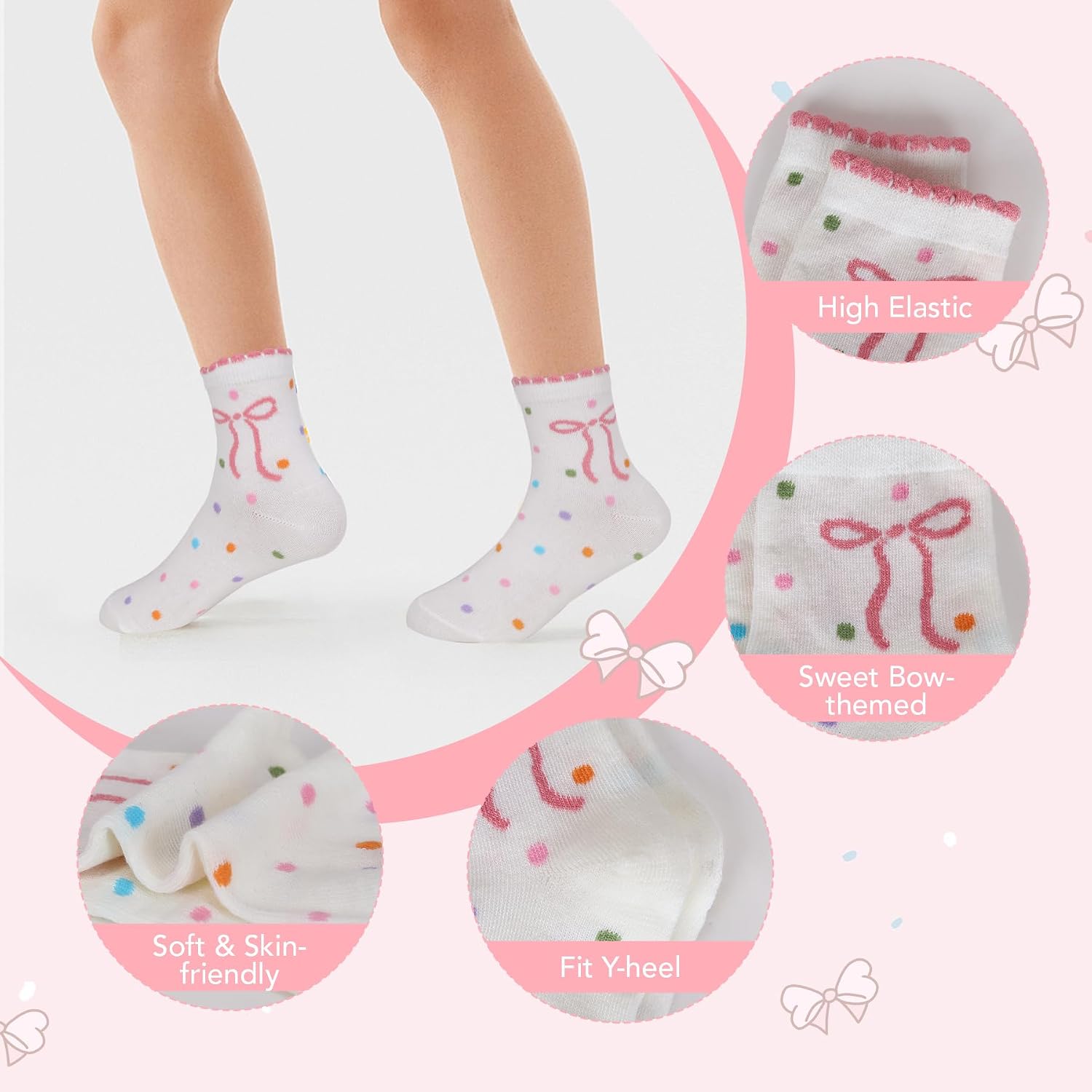 Thumbnail 6 de Zzxlw Girls Socks 10 Pairs Gray Pink – Cute Multicolour Mid-Cut Socks with Bow Design