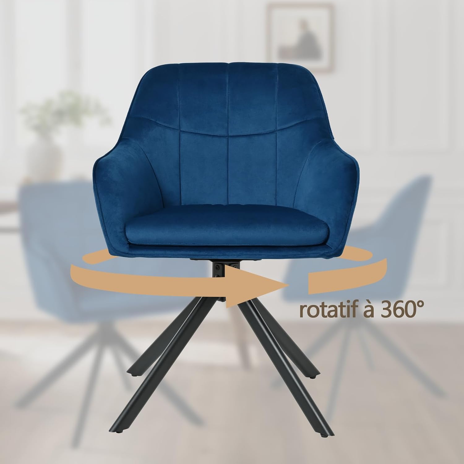 Thumbnail 5 de Lot de 4 chaises pivotantes à 360° en velours avec accoudoirs Goeurvant – bleu foncé