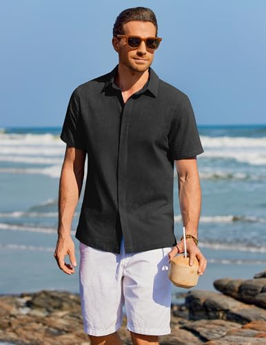 Detalle de COOFANDY Camisa Hombre Manga Corta Verano 100% Algodón – Negro, Regular Fit, Talla M