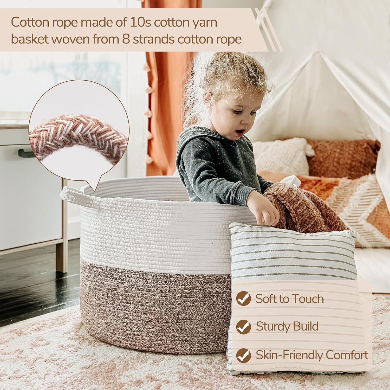 Thumbnail 3 de INDRESSME XXXLarge Woven Rope Storage Basket, 90L Cotton with Handles
