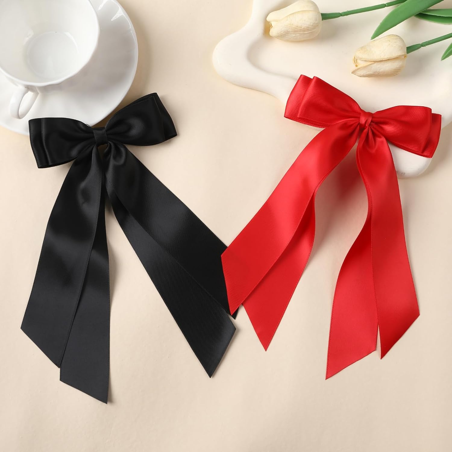 Detalle 2 de LuSeren Double-Layer Satin Hair Bows, 2-Piece Red and Black Clip Set