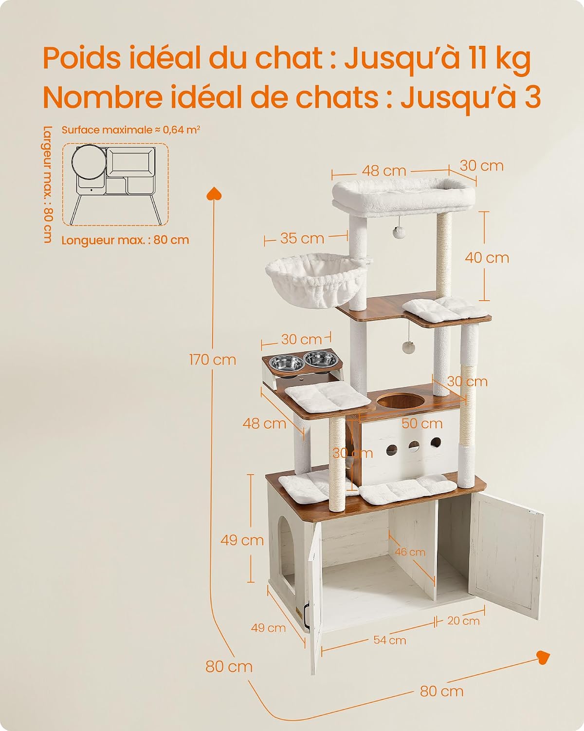 Detalle 2 de Feandrea Arbre à Chat de 170 cm avec Cache-Litière et Accessoires Intégrés – Marron Miel et Blanc Rustique PCT169W201