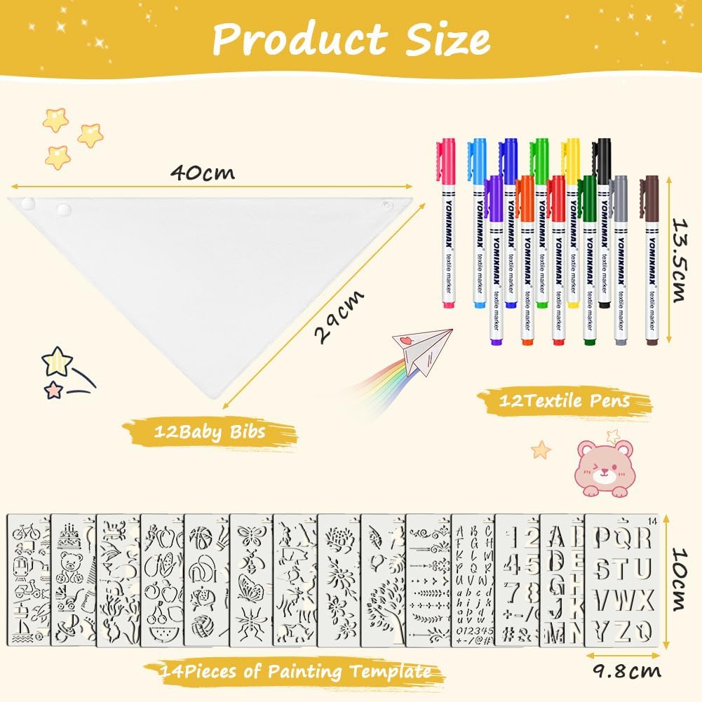 Thumbnail 2 de Vicloon Bambino Bavaglino bianco con kit da pittura fai da te (29×30×12 pz, 12 penne e 14 stencil)