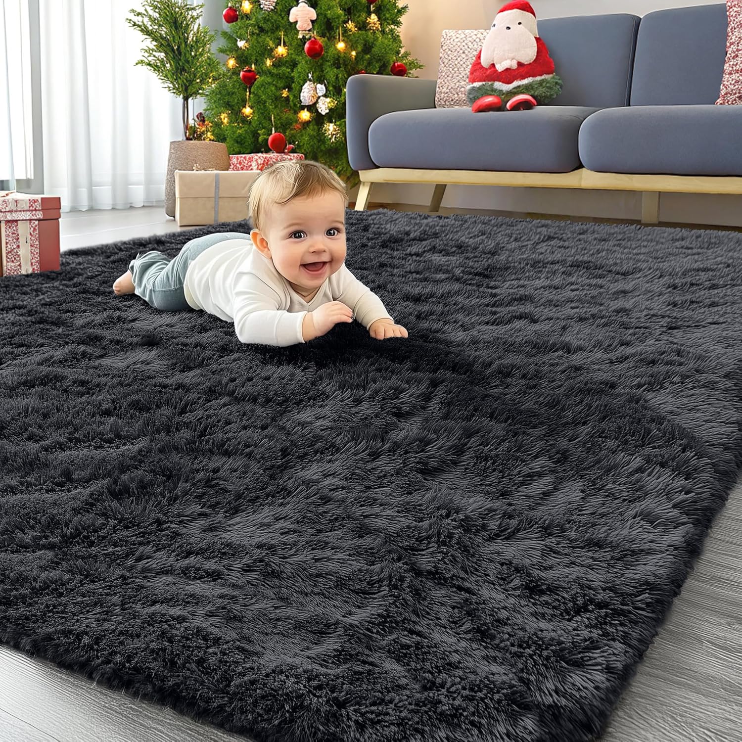 Detalle de Homaxy Hochflor Teppich 60 x 100 cm Schwarz mit Anti-Rutsch-Unterseite und Waschbar