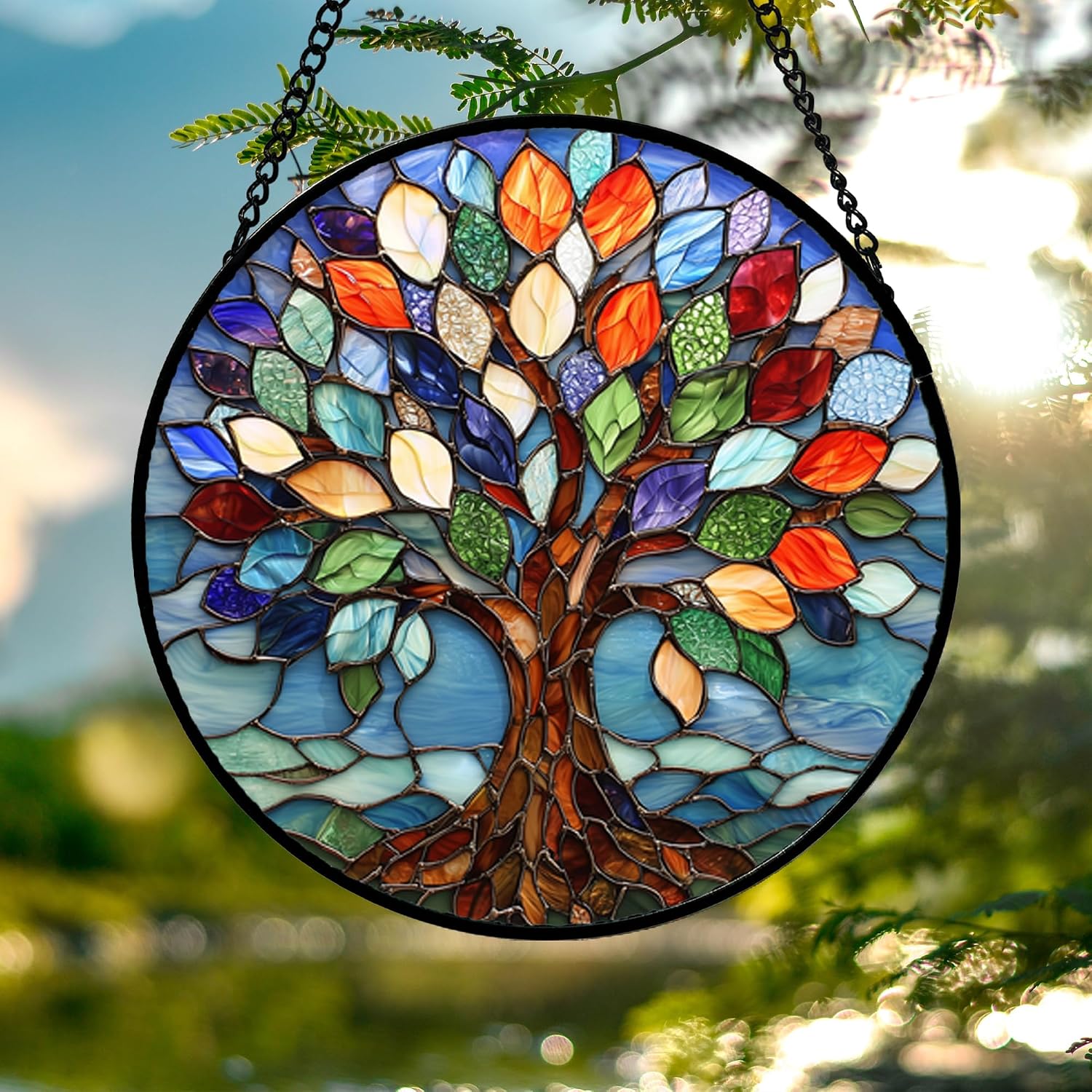 Detalle 2 de DASTOLL Colorful Tree of Life Glass Suncatcher, 15-Inch Window Hanging