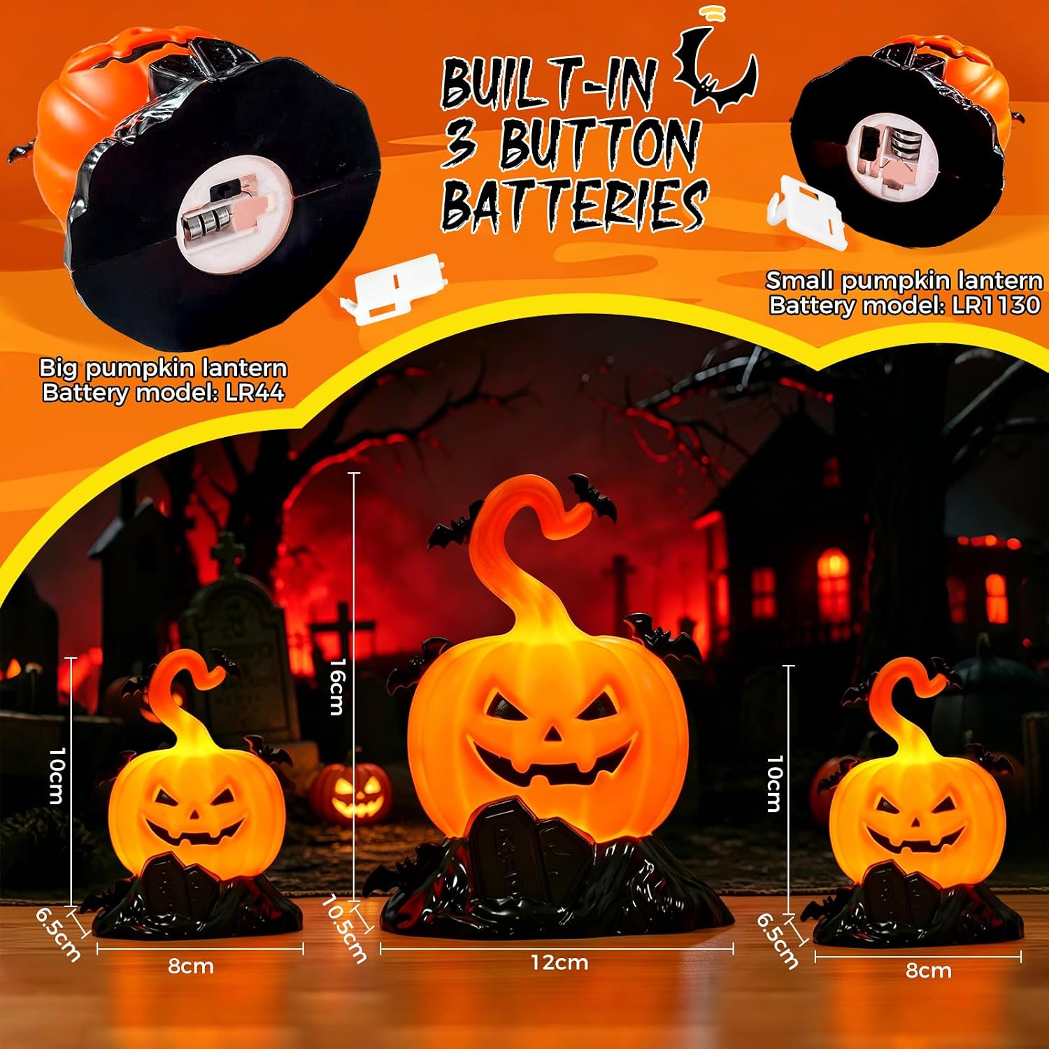 Detalle 2 de Bopertrove Kürbis-01 Halloween-pompoenlampjes, 3-delige LED-set op batterijen
