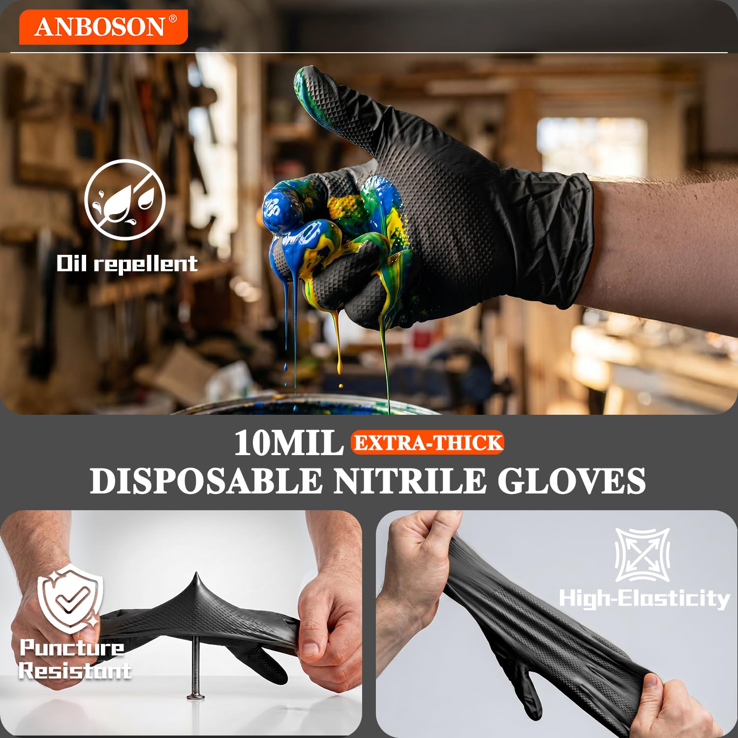 Detalle de ANBOSON 10 Mil Nitrile Mechanic Gloves, Medium, Black, Diamond Grip, 1,000 Count