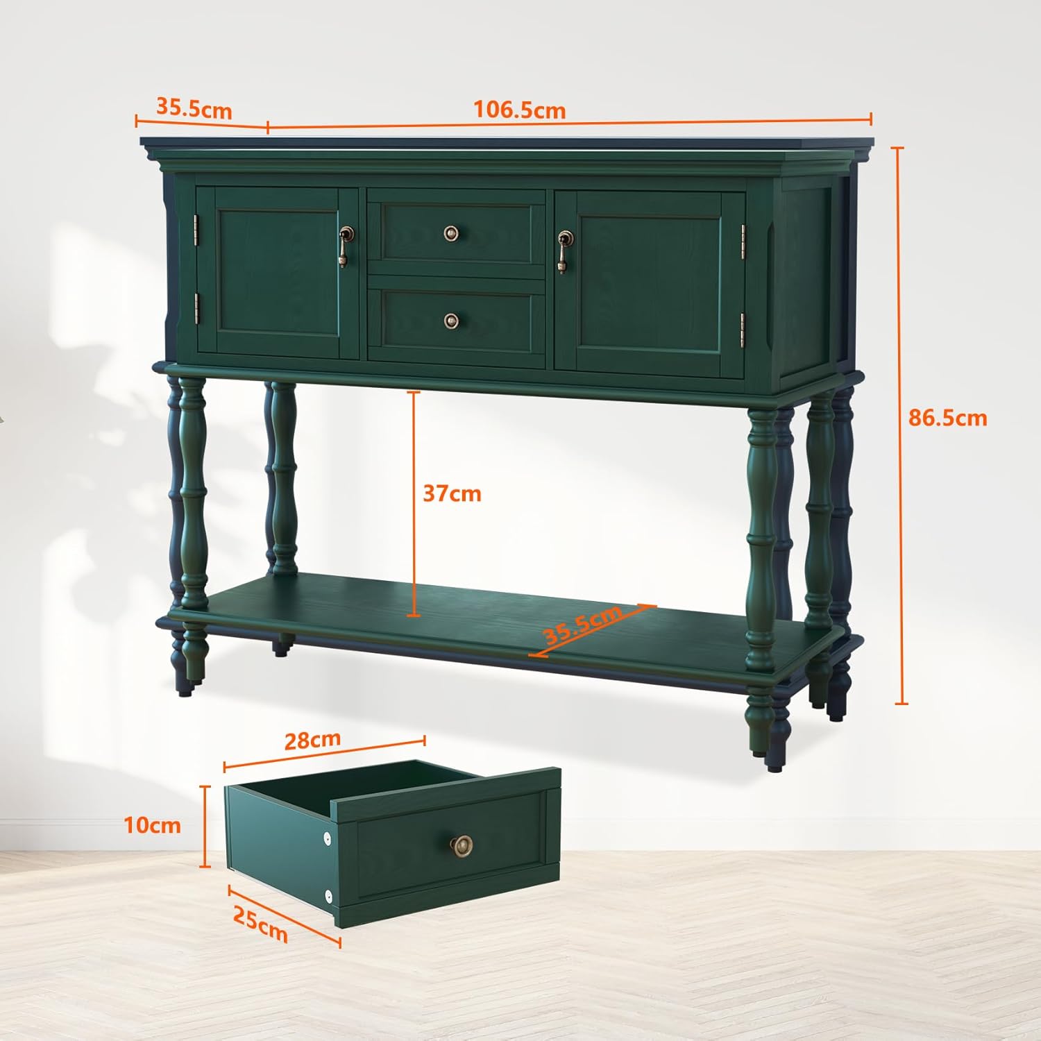 Detalle 2 de MROJISC Tavolo consolle con cassetti e armadietto in legno verde, stile retro e neoclassico