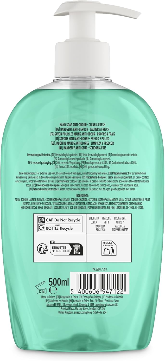Detalle 2 de Savon pour les mains Anti-odeurs 4 x 500 ml – neutralise les odeurs avec parfum citron-menthe