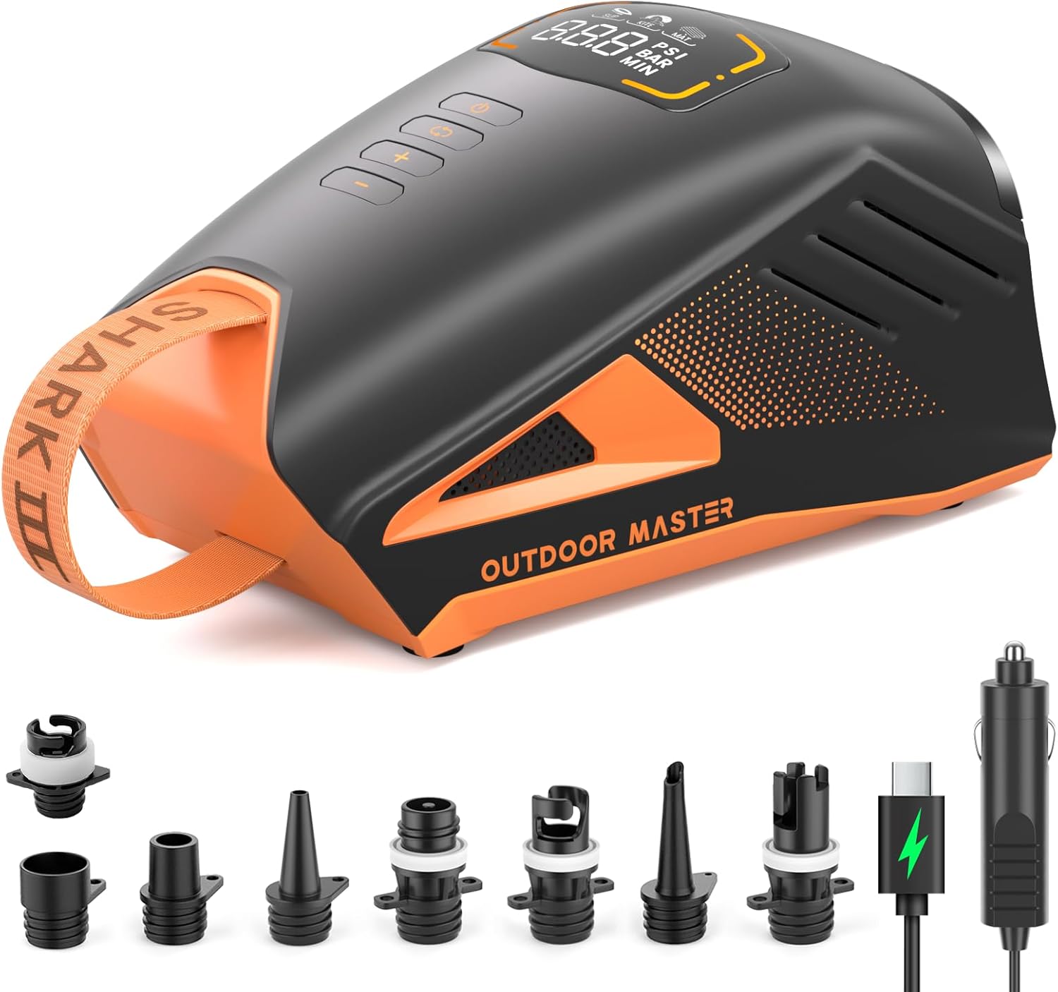OutdoorMaster Shark 3 elektrische SUP-Pumpe mit Akku (bis 20 PSI, 3'50" pumpen, Type-C & 12V/15,8V)