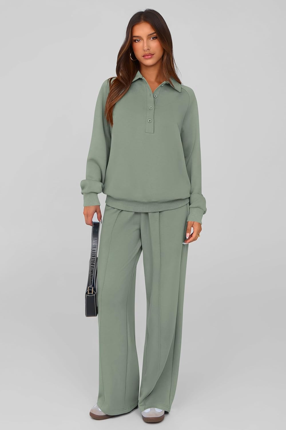 Thumbnail 1 de PRETTYGARDEN Women Fall 2 Piece Outfits: Quarter Button Sweatshirt + Wide Leg Pants Travel Lounge Set