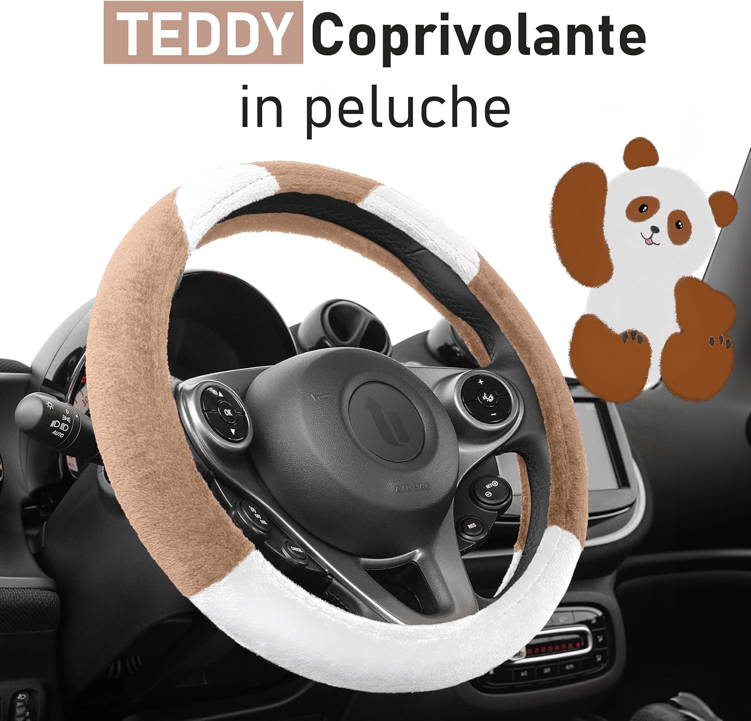 Detalle 2 de Upgrade4cars Coprivolante universale in peloso marrone e bianco (diametro 37-39 cm)