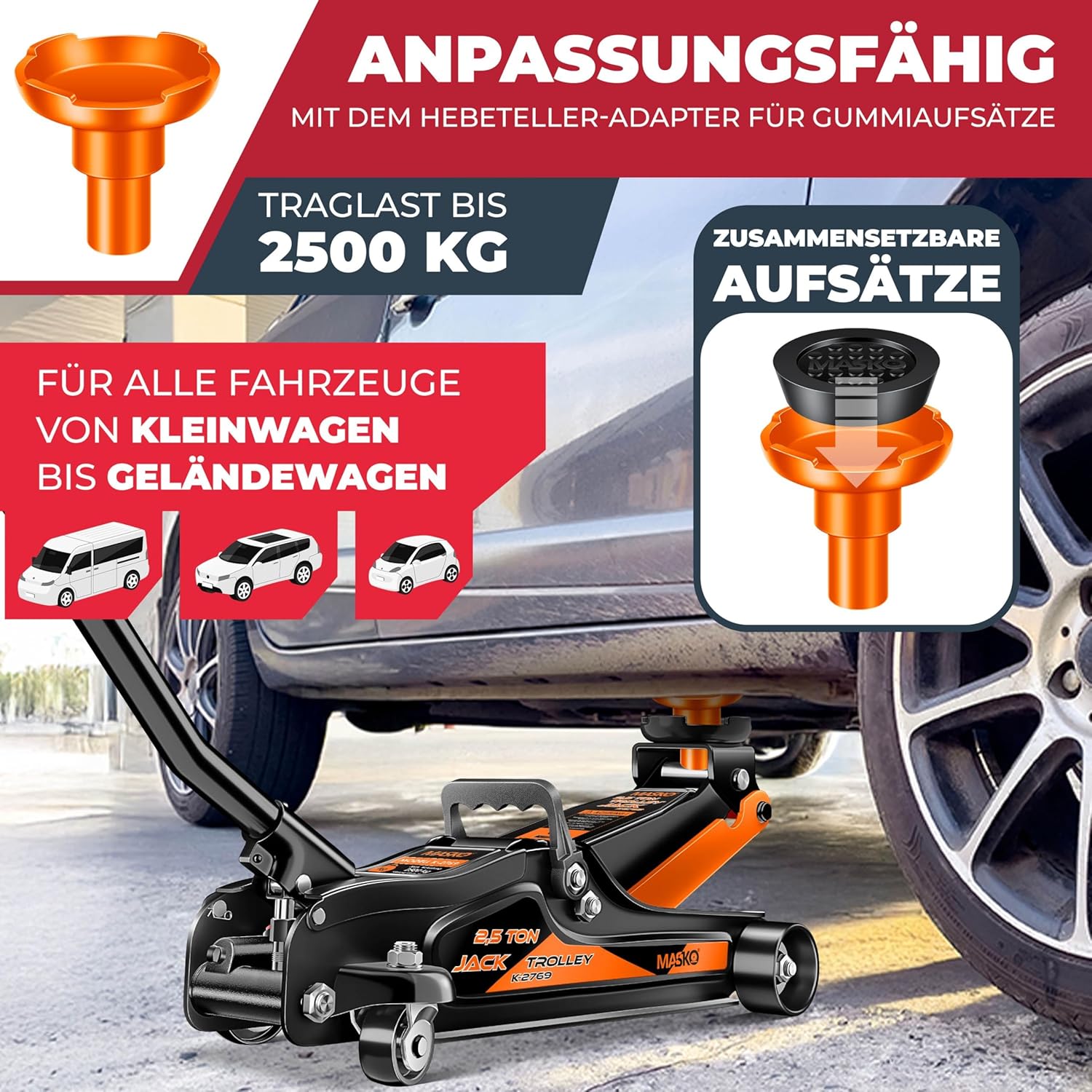 Thumbnail 5 de MASKO® hydraulischer Wagenheber 2,5 t, flach (85–365 mm) inkl. Koffer & Handschuhe – für PKW/SUV