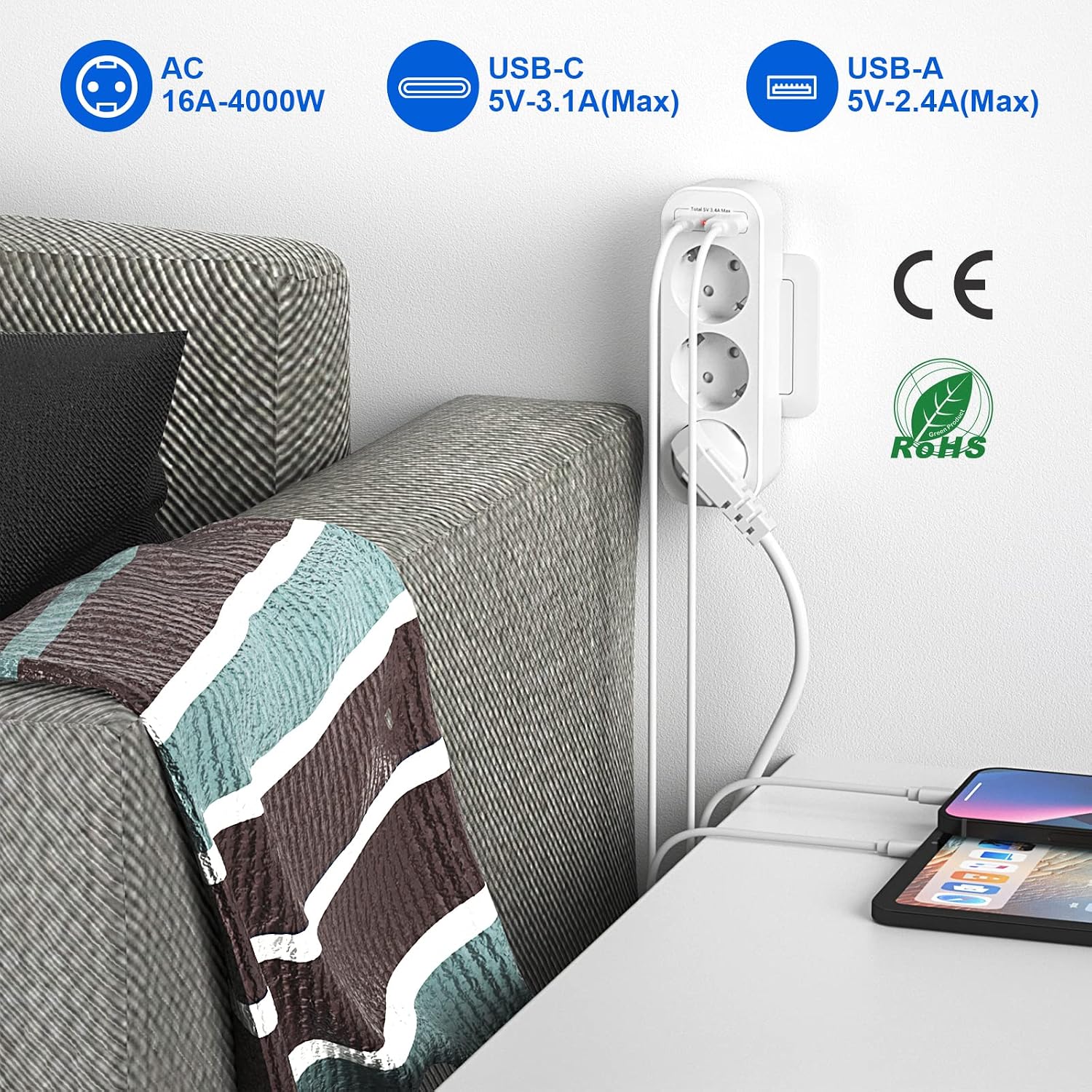 Detalle de Multiprise Murale 3 Prises USB C 16A 2 USB