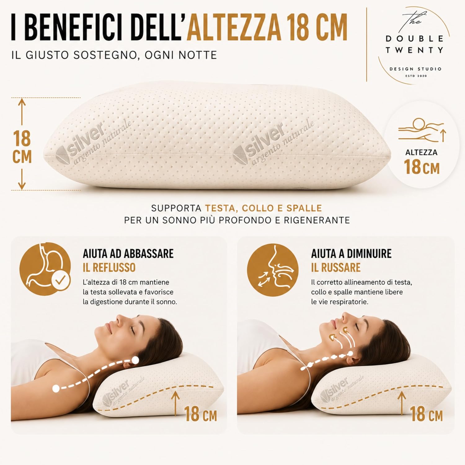 Detalle de The Double Twenty Cuscino Antirussamento in Memory Foam – Sostegno Ergonomico alto 18 cm con fodera in argento naturale