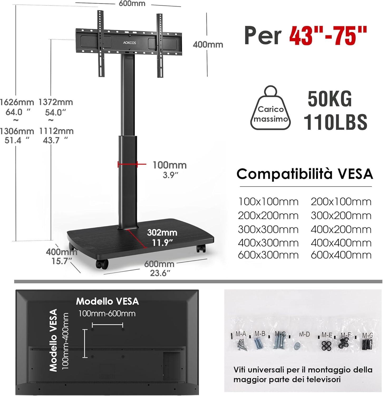Detalle de AOKCOS Carrello Porta TV con Ruote per 43-75 pollici: supporto da pavimento regolabile, girevole e inclinabile, con base in legno
