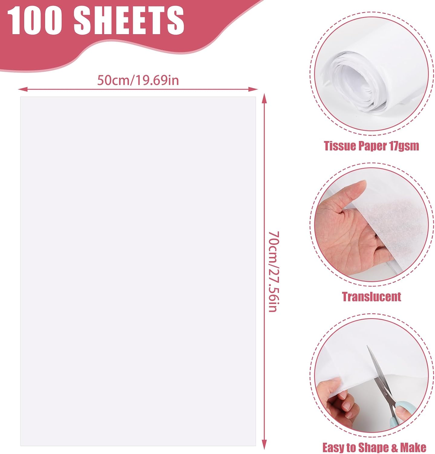 Thumbnail 1 de Woric 100 Sheets White Tissue Paper (50x70cm) – 17gsm for Gift Wrapping, Craft & Packaging
