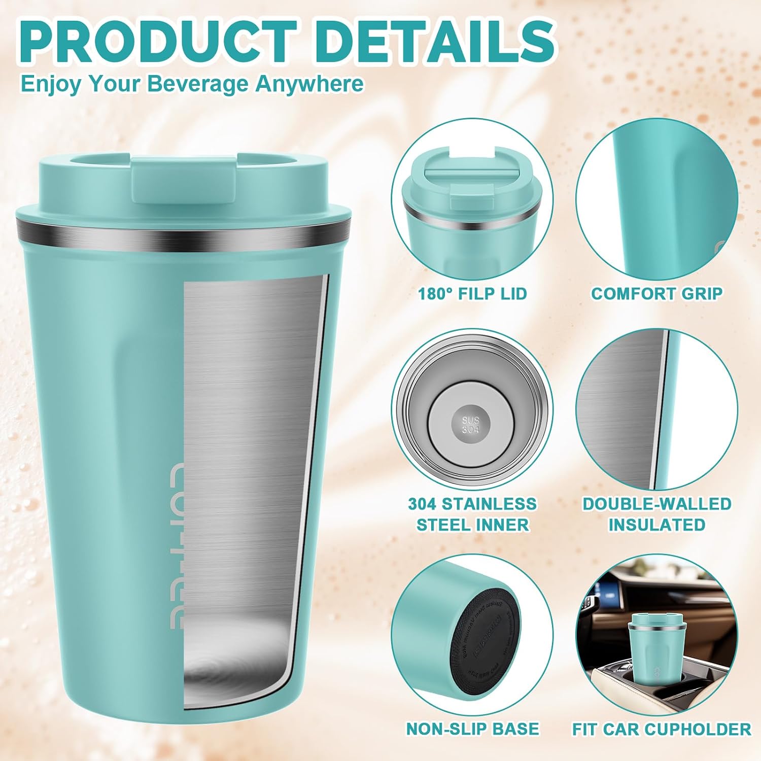 Detalle de 12 oz CS COSDDI Stainless Steel Vacuum Insulated Tumbler — Spill-Proof Travel Mug with Silicone Lid