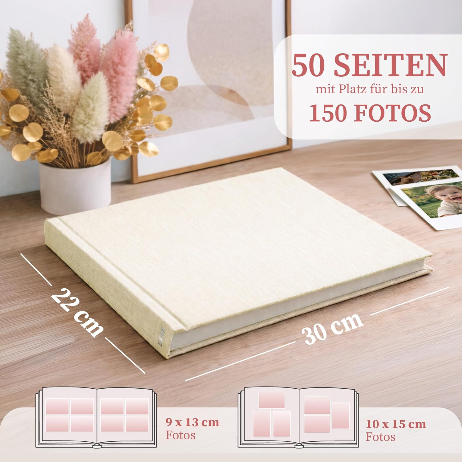 Detalle 2 de Zenacolor Fotobuch zum Selbstgestalten (30×22 cm) Beige – 50 weiße Seiten für 150 Fotos, echtes Leinen