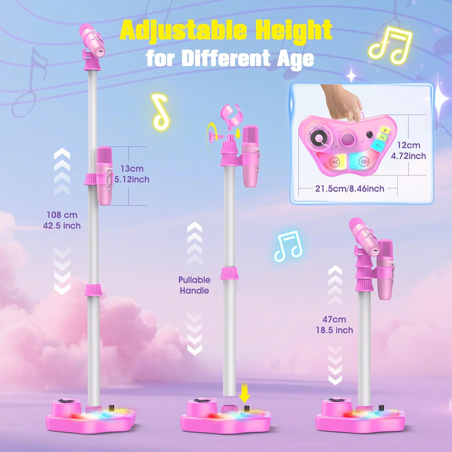 Thumbnail 6 de Kinder-Karaoke-Set mit Karaoke-Maschine und 2 Mikrofonen (Bluetooth 5.3, TF-Karte, USB, AUX) – mit höhenverstellbarem Ständer