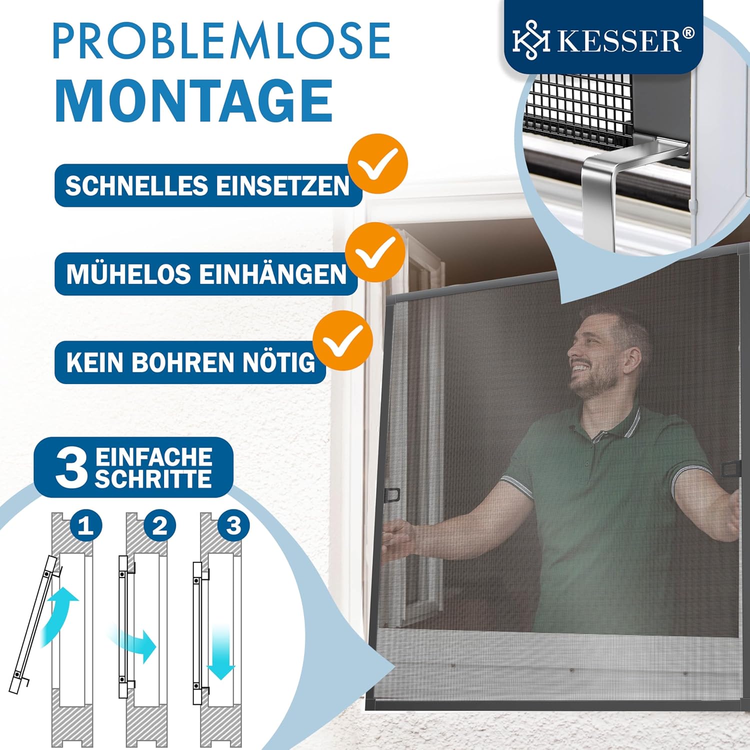 Detalle de KESSER® Fliegengitter Fenster 100x120 cm mit Aluminiumrahmen (ohne Bohren) – Anthrazit