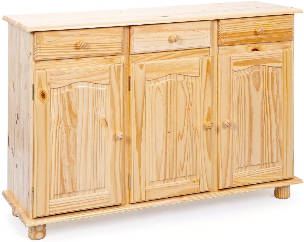Inter Link - Cassettiera rustica, credenza e buffet in pino massiccio, 3 ante e 3 cassetti – Stile rustico, laccato naturale