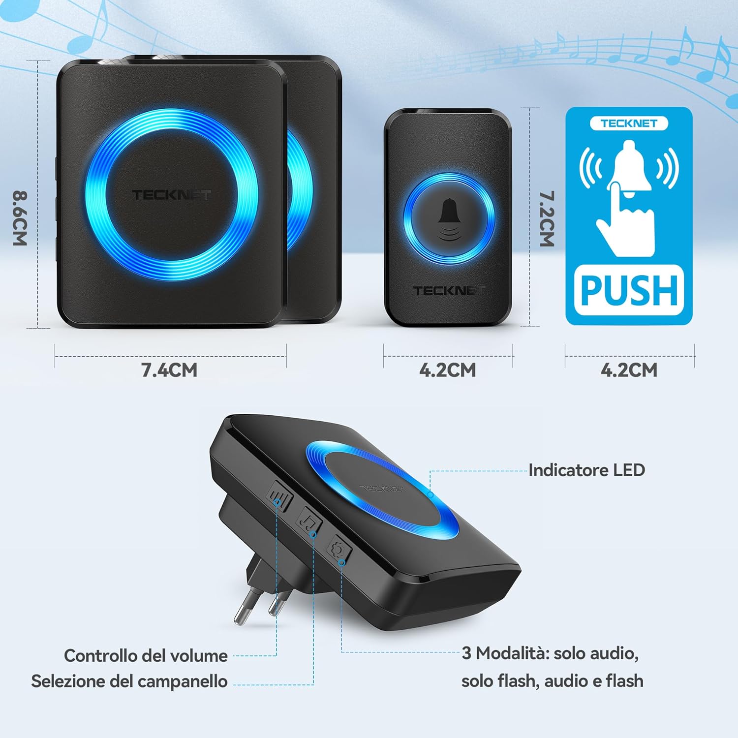 Detalle 2 de TeckNet Campanello Wireless Sans Fili Portatile con 400 m di Copertura, 60 Suonerie e 5 Livelli di Volume