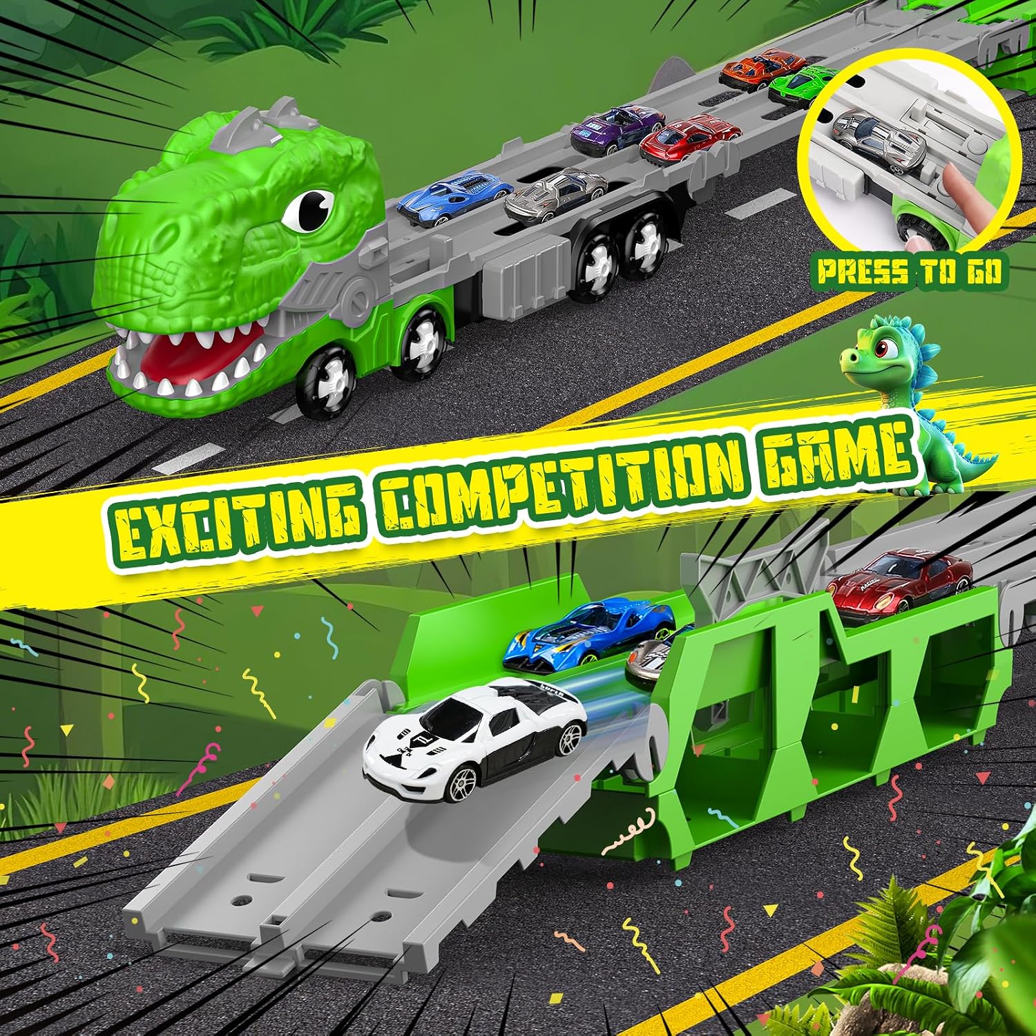 Detalle de Dinosaur Transporter Truck Toy Set with 6 Mini Racing Cars and 1.7m Dino Track (age 3–7)