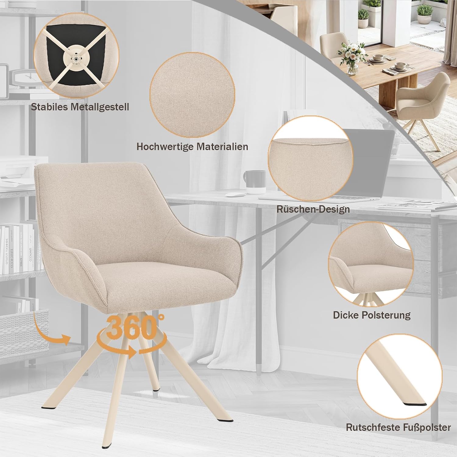 Thumbnail 4 de Goeurvant Esszimmerstühle Drehbar 6er-Set mit Armlehne – 360°-Drehstuhl aus Beige Leinen