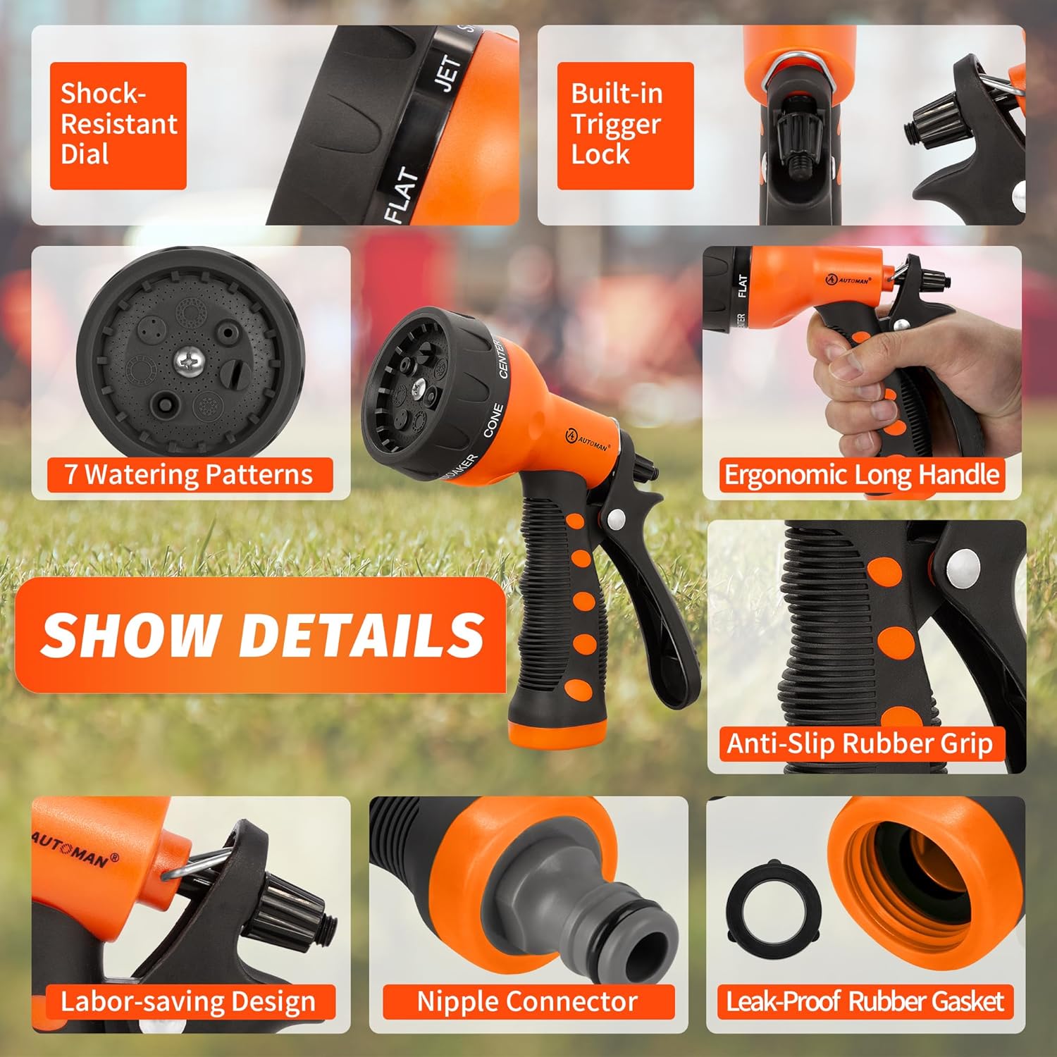 Thumbnail 2 de AUTOMAN Hose Pipe Spray Gun (7 Patterns) – anti-slip high pressure hose nozzle in orange