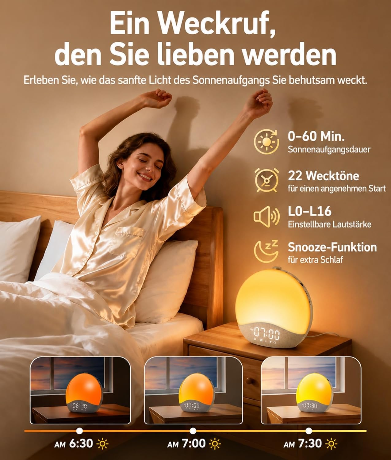 Detalle de ecozy Tageslichtwecker – Sonnenaufgang, Bluetooth-Zeitsynchronisierung und 17 Lichtfarben