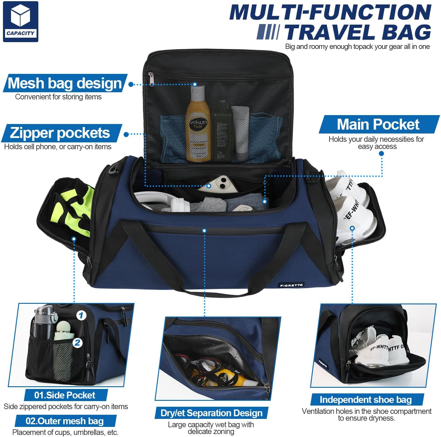 Detalle de FIORETTO Mens Sports Gym Bag with Wet Pocket & Shoe Compartment – a practical travel duffle with flexible carry options